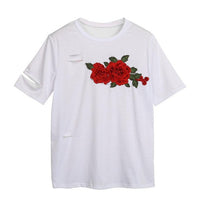 Fashion Women Holes White T-Shirt 2017 Casual Short Sleeve Ripped Rose Embroidery Blusa Bandage Basic Tops Tee Shirts