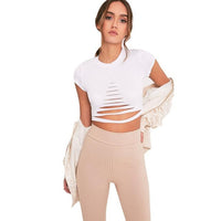 2017 Summer Bandage Crop Tops Women cropped feminino Round Neck Short Sleeve Holes Short Casual Crop Tops T-Shirt