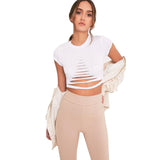 2017 Summer Bandage Crop Tops Women cropped feminino Round Neck Short Sleeve Holes Short Casual Crop Tops T-Shirt