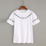Fashion Leaf Embroidery White T-Shirt Sexy Women Short Sleeve Shirt Blusa casual Summer 2017 top tees Girl Tops
