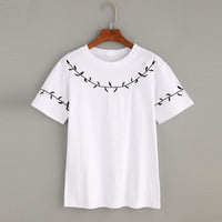 Fashion Leaf Embroidery White T-Shirt Sexy Women Short Sleeve Shirt Blusa casual Summer 2017 top tees Girl Tops