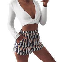 Fashion Women T shirt Sexy Deep V-Neck Cross Slim Crop Tops Long Sleeve Short White Black