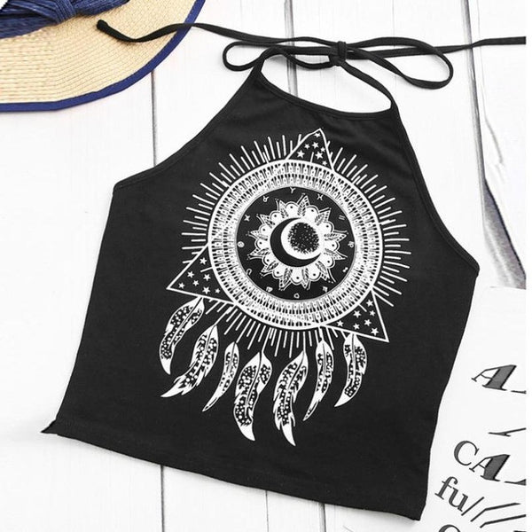2017 Summer Sexy Camis Women Wind Chimes Floral Print Sleeveless Halterneck Tank Tops Crop Vest Blusa