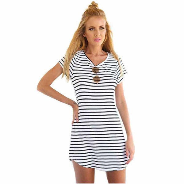JECKSION Striped Shirt Women Brand,2016 New Casual O-Neck Short Sleeve Loose female T-Shirt For Women Girls striped dress #LSIN