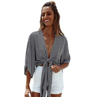 Summer Women Striped Beach T-shirt Cape Ladies Deep V neck Crop Top Shirt Loose Casual Batwing Sleeve Short Tops