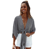Summer Women Striped Beach T-shirt Cape Ladies Deep V neck Crop Top Shirt Loose Casual Batwing Sleeve Short Tops