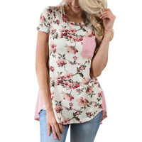 Flower Printed Shirt Women Short Sleeve Floral Stripe Pocket T Shirt Casual Tops Tee Shirt Cotton Fitness Top Regata Feminina