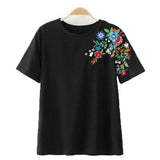 Flower Embroidery T Shirt Women Casual Short Sleeve Tees Ladies Knitted Tops Female Tees Elegant Ladies Tees Tops