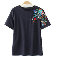 Flower Embroidery T Shirt Women Casual Short Sleeve Tees Ladies Knitted Tops Female Tees Elegant Ladies Tees Tops