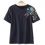 Flower Embroidery T Shirt Women Casual Short Sleeve Tees Ladies Knitted Tops Female Tees Elegant Ladies Tees Tops