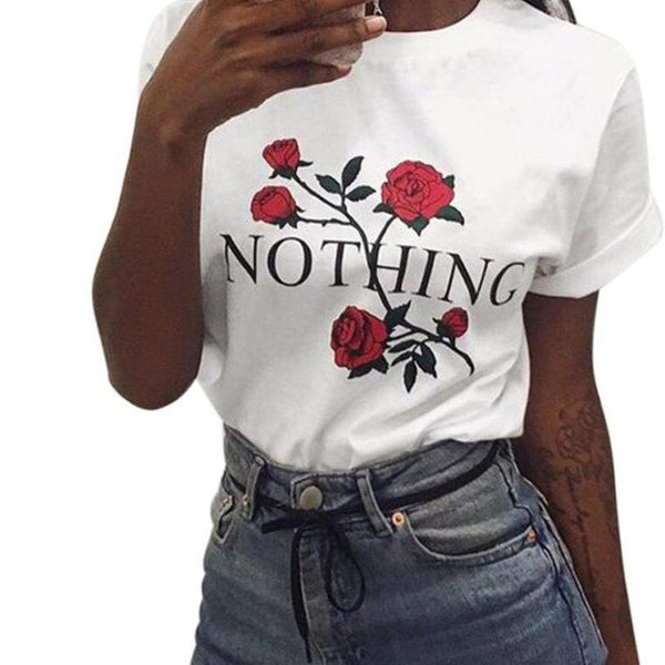 Nothing Letters Printing T Shirt high quality 2017 Summer Womens Rose Printing Loose Tops Short-Sleeved Cotton White Shirt