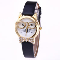 Genvivia High Quality Top Women Watches Cute Glasses Cat Women Analog relogio QuartzDial Thin LeatheWristwatch relogio feminino