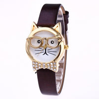 Genvivia High Quality Top Women Watches Cute Glasses Cat Women Analog relogio QuartzDial Thin LeatheWristwatch relogio feminino
