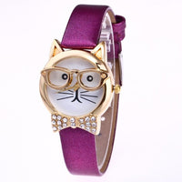 Genvivia High Quality Top Women Watches Cute Glasses Cat Women Analog relogio QuartzDial Thin LeatheWristwatch relogio feminino