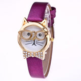 Genvivia High Quality Top Women Watches Cute Glasses Cat Women Analog relogio QuartzDial Thin LeatheWristwatch relogio feminino