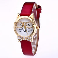 Genvivia High Quality Top Women Watches Cute Glasses Cat Women Analog relogio QuartzDial Thin LeatheWristwatch relogio feminino