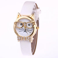 Genvivia High Quality Top Women Watches Cute Glasses Cat Women Analog relogio QuartzDial Thin LeatheWristwatch relogio feminino