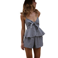Two-Piece Outfit 2017 New Arrival Sexy V-Neck Camis Blouse Women Plaid Casual Bow Crop Top Vest Shirt + Shorts Pants