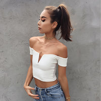 2017 Summer 100% Cotton Cold Shoulder T Shirt Women Tops Sexy Black White Punk Slash Neck camisetas mujer verano