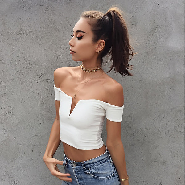 2017 Summer 100% Cotton Cold Shoulder T Shirt Women Tops Sexy Black White Punk Slash Neck camisetas mujer verano