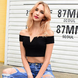 2017 Summer 100% Cotton Cold Shoulder T Shirt Women Tops Sexy Black White Punk Slash Neck camisetas mujer verano
