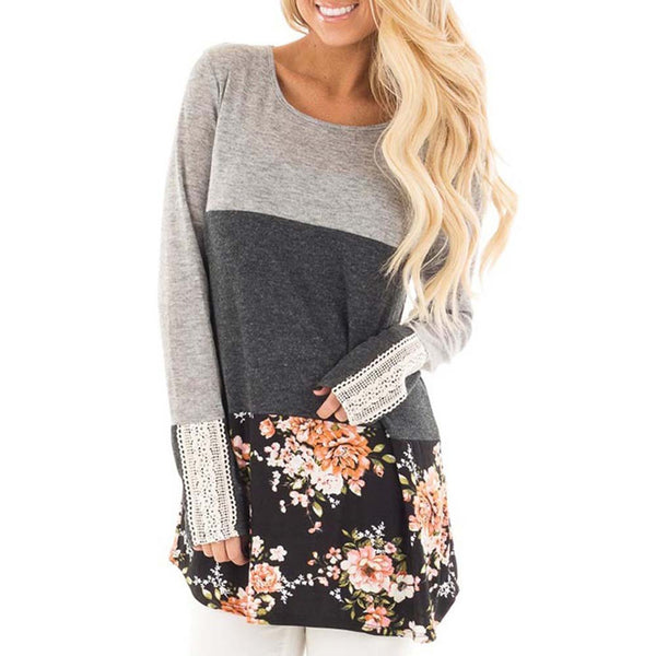 Fashin Autumn New Arrival T shirt Women Floral Print Long Sleeve Shirt harajuku Lace Patchwork Loose Casual Top