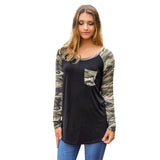 2017 Fashion Patchwork T-shirt Women camouflage Pritned Long Sleeve Sweatshirt Pullover Pocket O Neck Tops Cotton Shirt