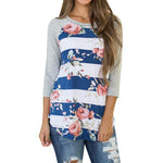 Plus Size Women Autumn T shirt Floral Print Striped Shirt Loose Three Quarter Loose Tees Sexy Ladies Round Neck Casual Tops