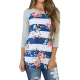 Plus Size Women Autumn T shirt Floral Print Striped Shirt Loose Three Quarter Loose Tees Sexy Ladies Round Neck Casual Tops