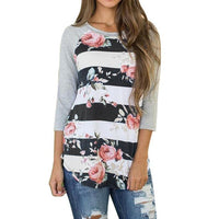 Plus Size Women Autumn T shirt Floral Print Striped Shirt Loose Three Quarter Loose Tees Sexy Ladies Round Neck Casual Tops