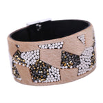 Women Bohemian Crystal Cowhide Bracelets Wrist Chains Beige