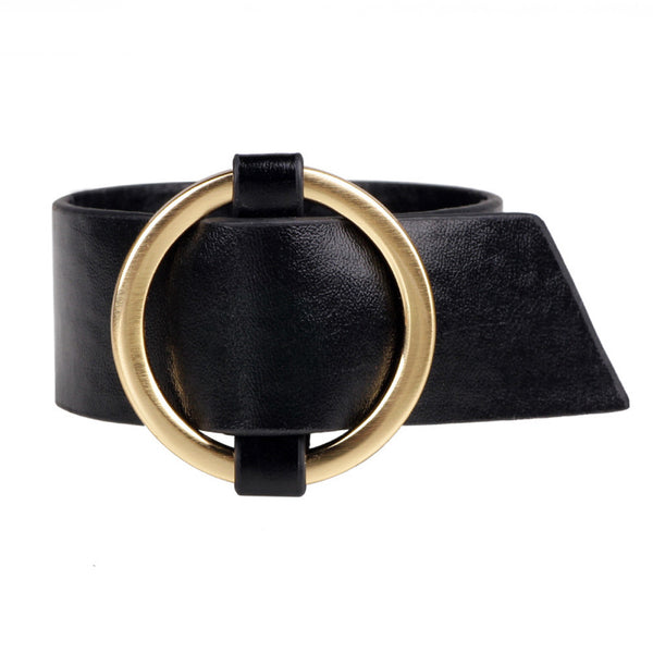Women Leather Belt Bracelet Punk Cool Round Wide Bangle Cuff Wristband Black