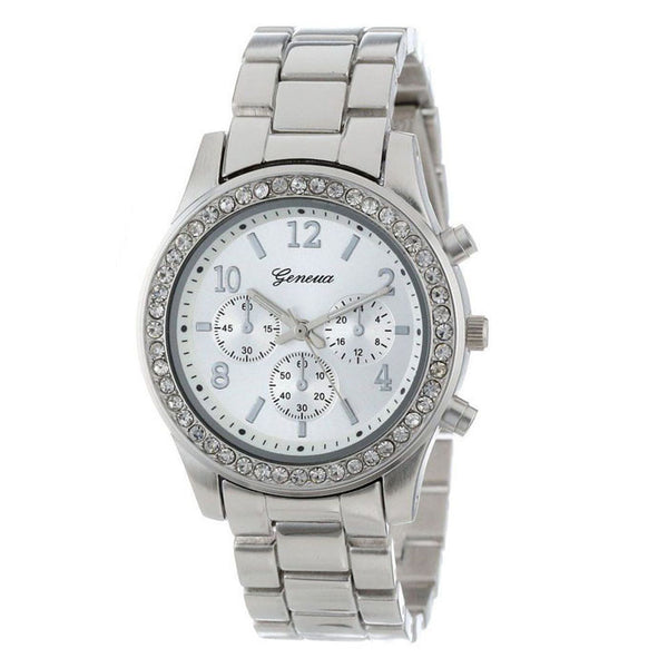 Faux Chronograph Quartz Classic Round Ladies Women Crystals Watch