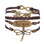 Love Dragonfly Multilayer Knit Leather Rope Chain Charm Bracelet DIY Gift