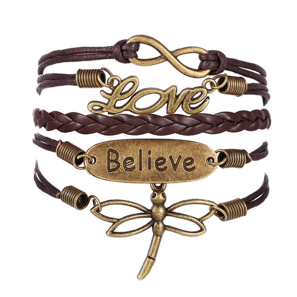 Love Dragonfly Multilayer Knit Leather Rope Chain Charm Bracelet DIY Gift