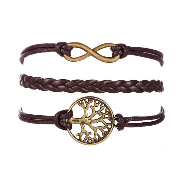 Women Girl Tree Multilayer Knit Leather Rope Chain Charm Bracelet Gift