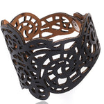 Vintage Women Punk Style Hollow Out Flower Wide Bangle Cuff Leather Bracelet BK