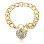 Goldtone Clear Iced Out Heart 8.5 Inch Cuban Link 12mm Toggle Bracelet