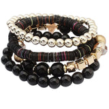 Women 4 Pcs Colorful Beads  Bangle Handmade Bracelets Florid Cool Black