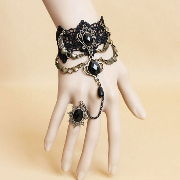 Charming Black Lace Bracelet With One Chain Ring Trendy Party Jewelry