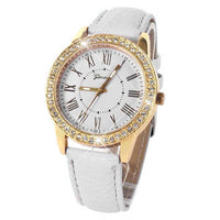 Bling Gold Crystal Women Luxury Leather Strap Quartz Wrist Watch