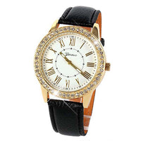 Bling Gold Crystal Women Luxury Leather Strap Quartz Wrist Watch
