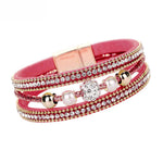 Women Multilayer Bangle Bracelet Crystal Beaded Leather Magnetic Wristband