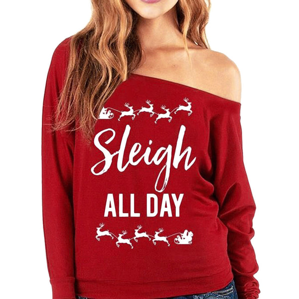 Womens Christmas Long Sleeve Letter Sweatshirt Printed Pullover Tops Blouse