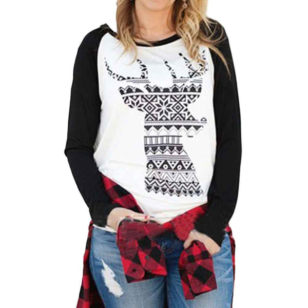 Women Fashion Christmas Elk Round Collar Cotton Long Sleeve Casual Tops