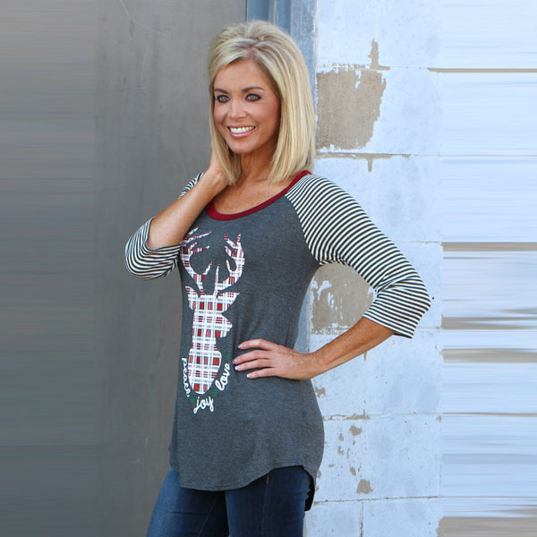 Women ELK Print Striped Splice Round Neck Christmas Casual Blouse Tops T Shirt