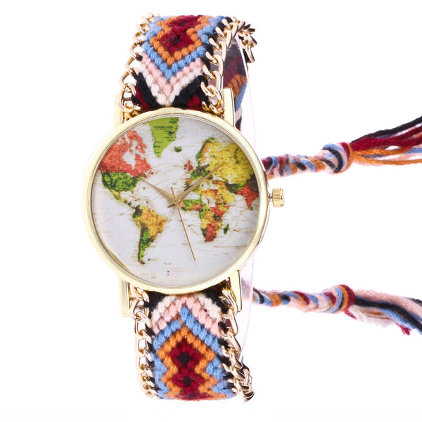 Women Map Knitted Weaved Rope Band Bracelet Quartz Dial Wrist Watch