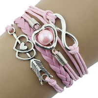Infinity Love Heart Pearl Friendship Antique Leather Charm Bracelet BU