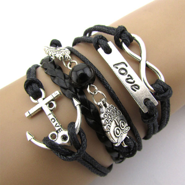 Infinity Owl Love Anchor Friendship Leather Charm Bracelet Silver Cute