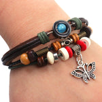 Fashion Butterfly Braided Wooden Bead Wrist Bracelet Leather Jewelry